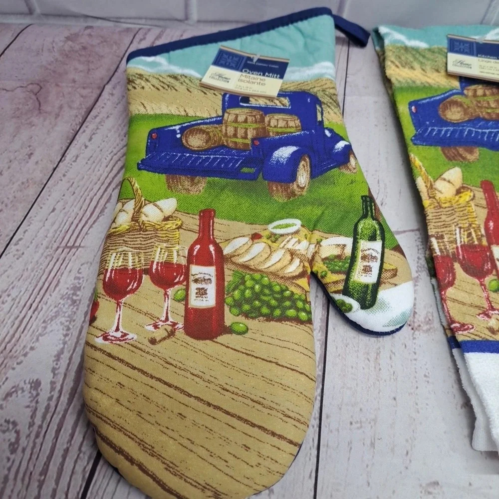 Country Kitchen Vineyard 4pc Oven Mitt, Towel, Pot holders 100% Cotton NWT